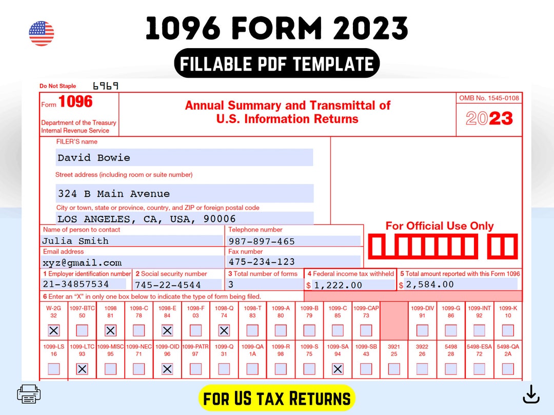 1096 IRS PDF Fillable Template 2023, With Print & Clear Buttons, Courier Font, USA Tax Form for