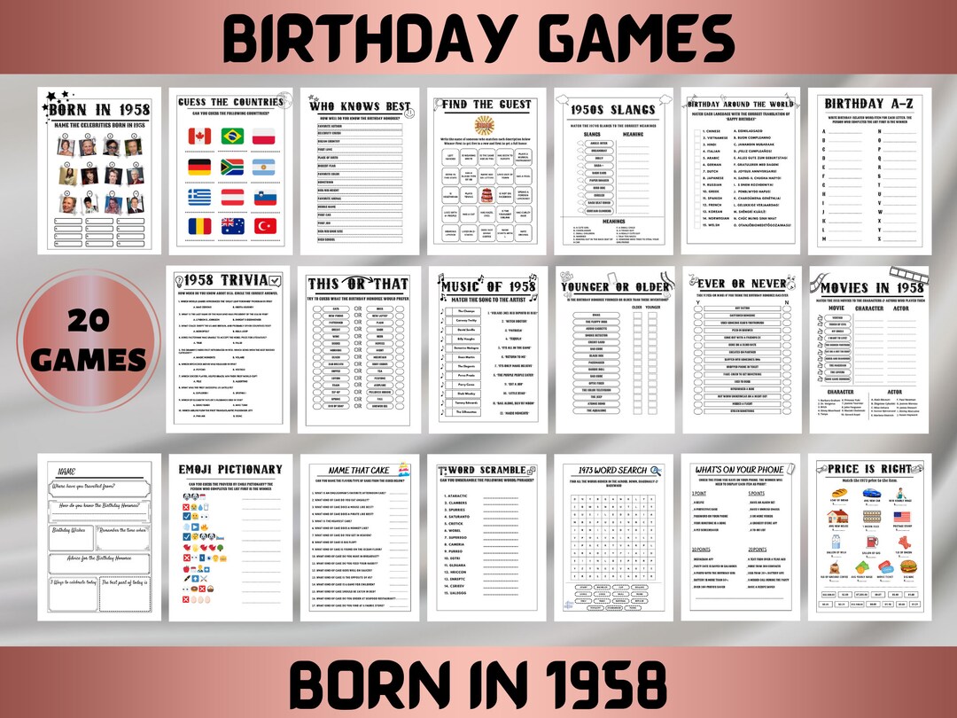 65th Birthday Party Games, Born in 1958, 20 Birthday Games Bundle ...