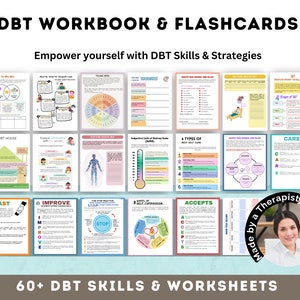 May include: A digital download of a DBT workbook and flashcards. The workbook and flashcards are designed to help people learn and practice DBT skills. The cover image features a colourful illustration of a therapist and the text "60+ DBT Skills & Worksheets".