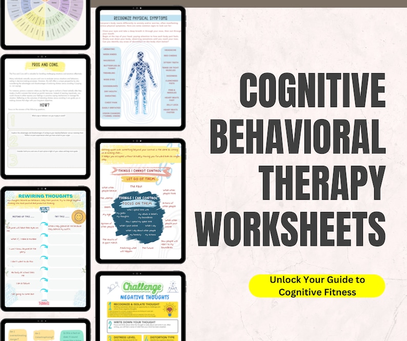 Cognitive Behavioral Therapy Worksheets, CBT Therapy, Negative Thought Challenging Worksheets, Mental Health Exercises, Thought Processing, Cognitive Distortions Exercises for Mental Health, S.T.O.P Technique to Challenge Unhelpful Thinking Pattern