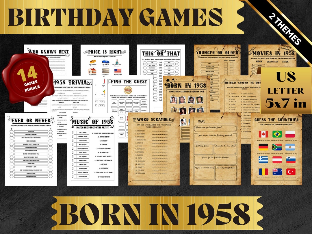 65th Birthday Party Games Printable, Born in 1958, 14 Birthday Games ...