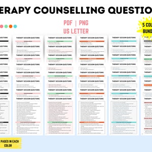 May include: A set of 5 printable PDF therapy session question sheets in different colors. Each sheet has 19 pages of questions for therapy sessions. The text on the sheets reads "Therapy Session Questions".
