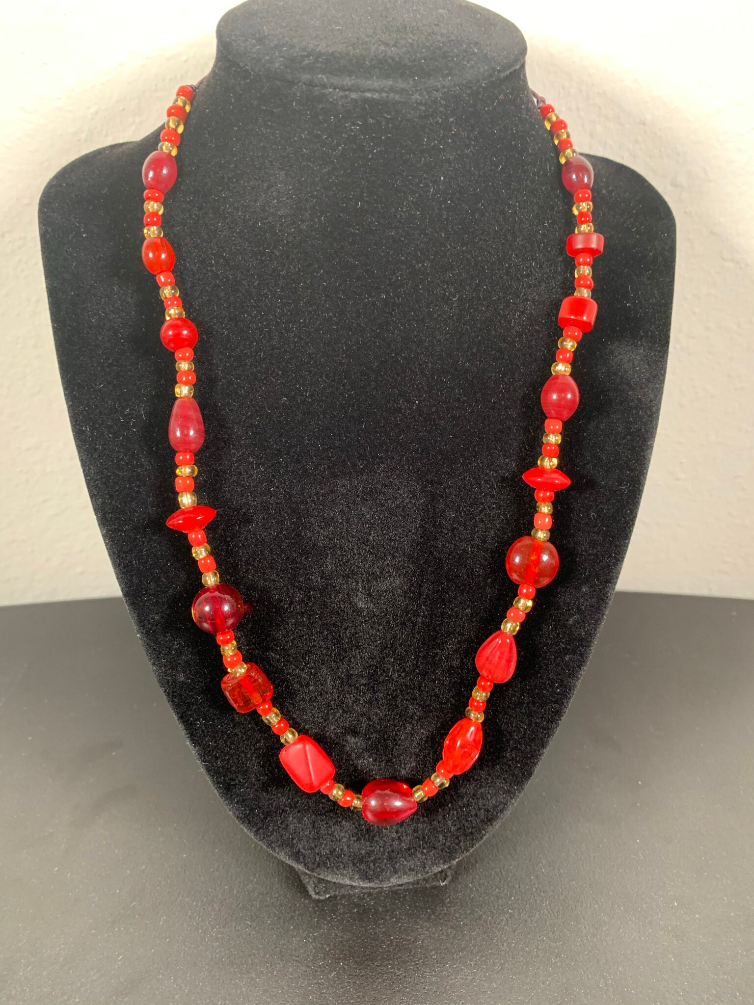 Red glass bead necklace Etsy