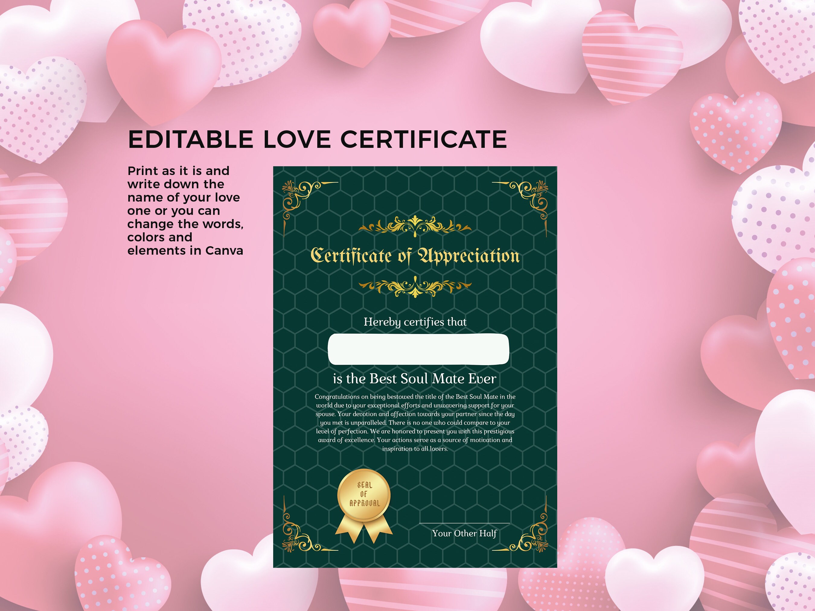 Editable Love Certificate Declaration of Love Personalized Certificate ...
