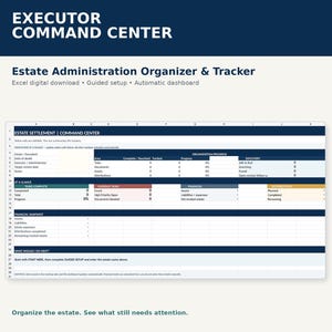 Könnte beinhalten: Eine digitale Tabellenkalkulation zur Nachlassverwaltung und Nachverfolgung mit dem Titel Executor Command Center. Die Benutzeroberfläche enthält Bereiche für den Organisationsfortschritt, Finanzübersichten und Aufgabenverwaltung mit Spalten für Vermögenswerte, Verbindlichkeiten und Ausschüttungen.