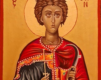 May include: A religious icon painting of a person with dark hair and a red robe holding a cross and a sickle. The background is gold with a halo around the person's head. The text "TPY ФСО N" is in the top right corner and "ΟΔ" is in the top left corner.