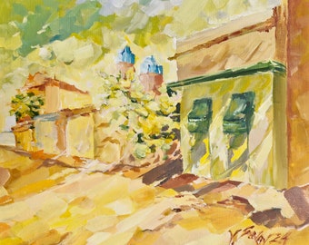 May include: A painting of a street scene with two buildings in the foreground. The buildings are painted in shades of yellow and brown, with green accents. The sky is a light blue with white clouds. The painting is done in a loose, impressionistic style.