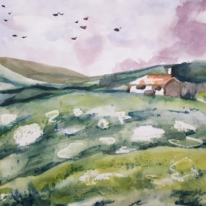 Oryginalna irlandzka akwarela | Irlandzka sztuka piękna | Irlandzkie malarstwo pejzażowe | Chata Connemara | Namalowane w Galway | Sztuka zachodniej Irlandii | Vanya