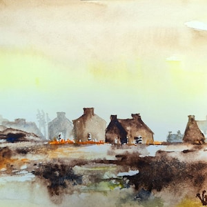 May include: Watercolor painting of a rural landscape with a row of small houses in the distance. The sky is a soft yellow and the houses are painted in shades of brown and gray.
