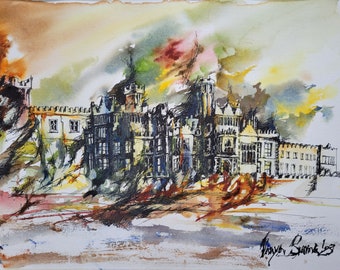 Fall colors watercolor | Kylemore Abbey in October | Irish landscape | Connemara Ireland | Framed Irish painting | Original art from Ireland