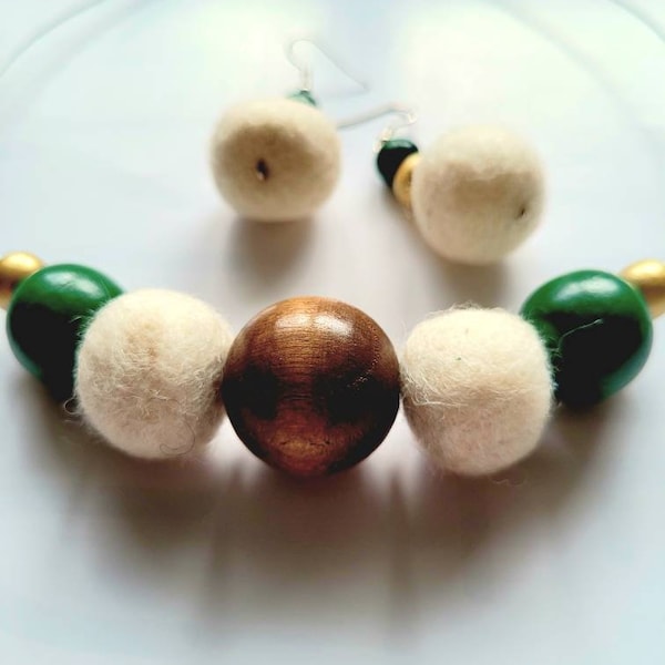 Fluffy Moguls | AVAILABLE TO ORDER | Free delivery within Ireland | Wooden beads | Jewellery set | Felt and wood | Felted baubles jewellery