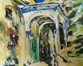 Bulgarian landscape | St. Dimitar Church in Mlechevo Bulgaria | Original painting | Architectural canvas art | Rural image | Countryside art