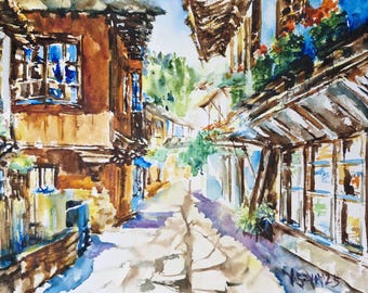 Original Bulgarian painting | Ethno art | Balkan art | Bulgarian culture art | Framed painting | Bulgarian crafts | Walking in the Etar