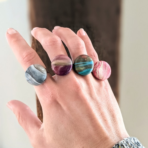 Modern glossy glaze rings  | big rings | Polymer Clay Rings | Red, turquoise, white, green ring | Marble ring bague turquoise -