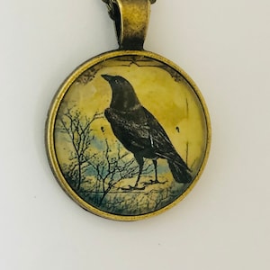 Raven pendant, Raven necklace, 1 inch round antique bronze setting, spooky jewelry
