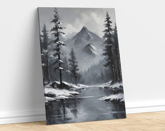 Smoky Mountains River Painting: Monochrome Serenity | Nature Landscape Art | Digital Print