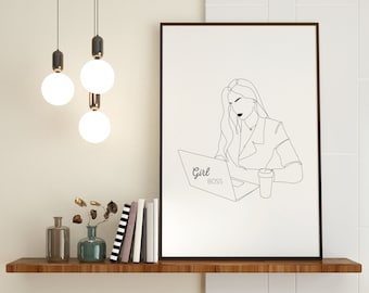 Woman Boss Line Art Print, Feminist One Line Drawing (Digital File)
