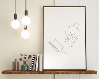 Abstract Girl Reading Line Art Print, Minimalist Book Lover (Digital Download)