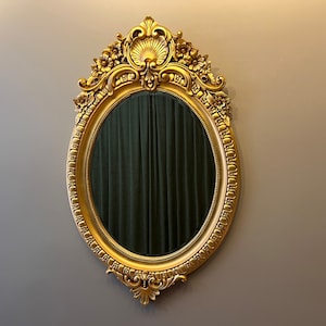 Gilded Gold Oval Mirror: Handcarved Beechwood Frame, Farmhouse Vanity Mirror (48x30 inches)