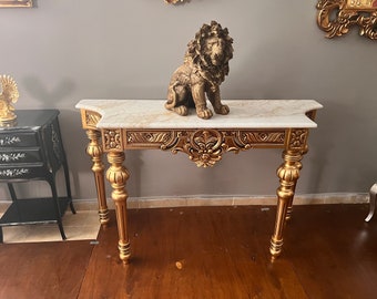 Handcrafted Gilded Console Table, Solid Wood with Marble Top