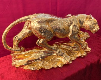 Handmade Gold Panther Statue: Leopard Statue Desk Accessory