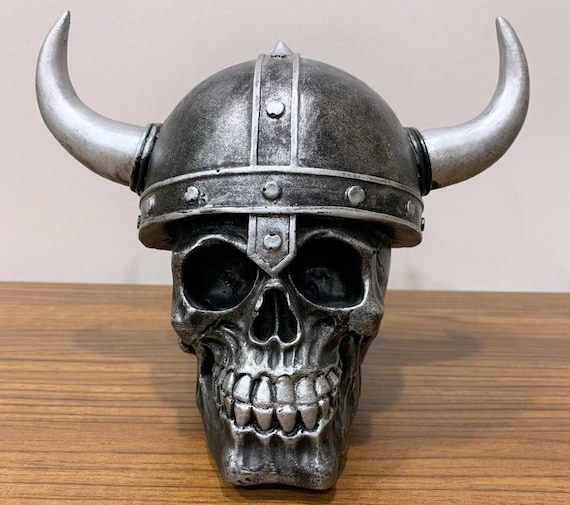 Viking Skull Sculpture, Silver Horned Helmet, Gothic Home Decor - Etsy