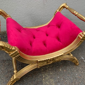 Gold Gilded French Bench , Rococo Style Bench , Elegant Bench | French Bench , Tufted Velvet Fabric Bench, Rustic Bench , Vintage Furniture