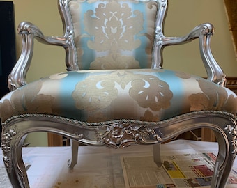 Silver Gilded French Armchair, Rococo Style, Italian Satin