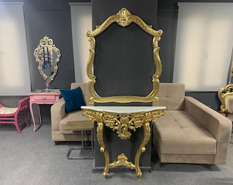 Hand-Carved Giltwood Console Table with Mirror: Gold & Silver Leaf, Marble Top Option