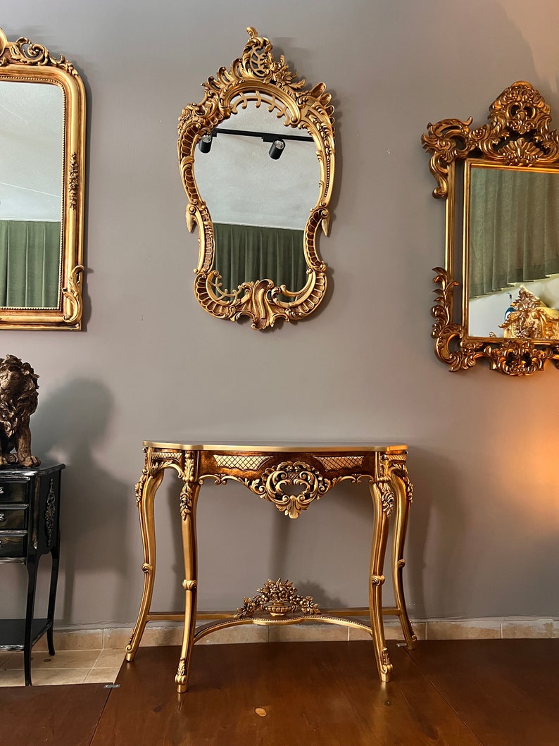 Pair of Gilded Console Table and Gilded Mirror, Handmade Furniture, Mirrored Side Table, Shabby Chic , French Furniture, Rococo Furniture