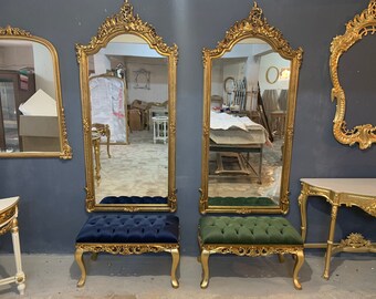 Handcrafted Gold Leaf Mirror and Bench Set, Velvet Upholstery