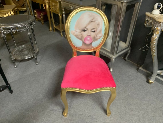 Pictured Funky Chair , Marilyn Monroe Print Chair , Vintage French Chair ,  Pink Chair, Marilyn Monroe Art , Gilded Contemporary Chair 