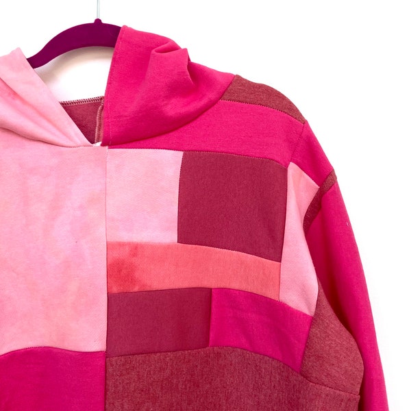 Pink patchwork hoodie tie dye upcycled repurposed unisex hoodie streetwear