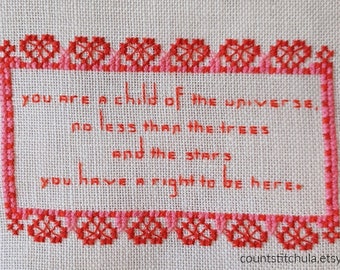 Desiderata Cross Stitch Pattern, PDF Instant Download, Max Ehrmann Poem, Heart, Pink and Red, Lacy, Poem, Literary, Affirmation, You Belong