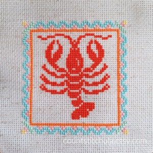 Homard, Patron PDF, Patron historique, Antique, Point de croix compté facile, Été, Océan, Maritime, Plage, Pastel, Mer, Numérique, Débutant