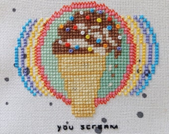 You Scream, Ice Cream Cross Stitch Pattern, PDF Instant Download, Summer, Rainbow Sprinkles, Chocolate Vanilla, Cone, Soft Serve, Small