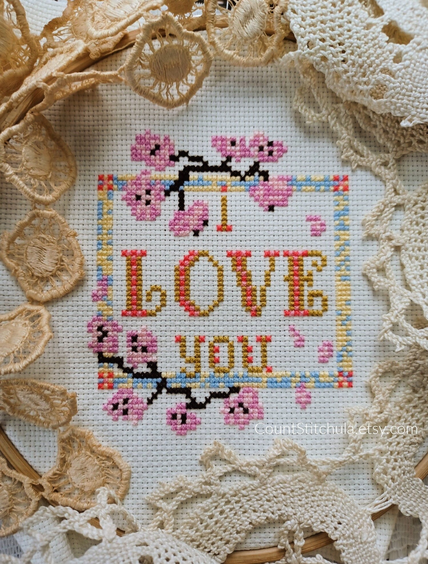I Love You Cross Stitch Pattern, PDF Instant Download, Valentine, Anniversary, Cherry Blossoms, Easy, Pastel, Rococo, Colorful