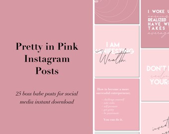 Könnte beinhalten: Ein pinkfarbenes und weißes Grafikdesign mit dem Text "Pretty in Pink Instagram Posts" und "25 boss babe posts for social media instant download". Die Grafik enthält auch Text über "I am manifesting wealth" und "How to become a more successful entrepreneur".