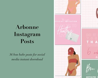 Könnte beinhalten: Eine Collage von Bildern, die für Arbonne-Produkte werben. Die Bilder zeigen eine Frau in einem rosafarbenen Bikini, eine Frau in einem roten Bikini und eine Frau in einem schwarz-weiß gestreiften Shirt. Der Text auf den Bildern lautet: "Arbonne", "Instagram Posts", "56 bon babe posts for social media instant download", "Official Invitation", "30 Days to Healthy Living", "Do It You", "Thank You", "6 Months", "Bon Babe", "Motivated", "Who Support", "Babes", "And", "Things Fizz".