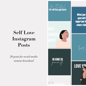 20 Instagram Posts in Blue Tones for Instant Download | Self Love, Motivational, Quotes, Affirmations, Self Care, Social Media Content