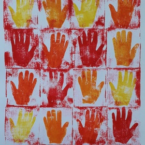May include: A grid of 16 handprints in various shades of red, orange, and yellow. The handprints are arranged in a 4x4 grid pattern.