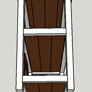 May include: A white wooden shelf unit with three shelves. The shelves are made of brown wood and have a rustic look. The unit is standing on a grey surface.