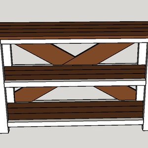 May include: White wooden shelf unit with two shelves and a brown wooden top. The shelves are supported by brown wooden X-shaped braces.
