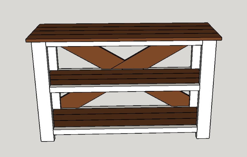 May include: White wooden shelf unit with two shelves and a brown wooden top. The shelves are supported by brown wooden X-shaped braces.