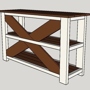 May include: A white and brown wooden console table with two shelves and an X-shaped design on the front. The table has a rustic farmhouse style.