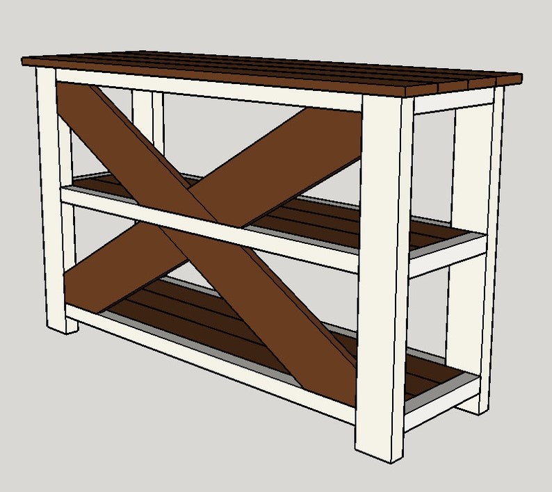 May include: A white and brown wooden console table with two shelves and an X-shaped design on the front. The table has a rustic farmhouse style.