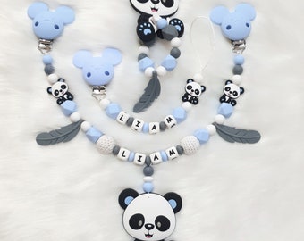 panda silikon Schnullerkette Set mit Namen für Mädschen und Jungen - kinderwagenkette silikon , kinderwagenkette Beißering mit namen