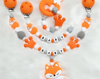 süßer Fuchs | Fuchs silikon Schnullerkette Set mit Namen für Mädchen und Jungen - orange fuchs Kron | hoch qualität