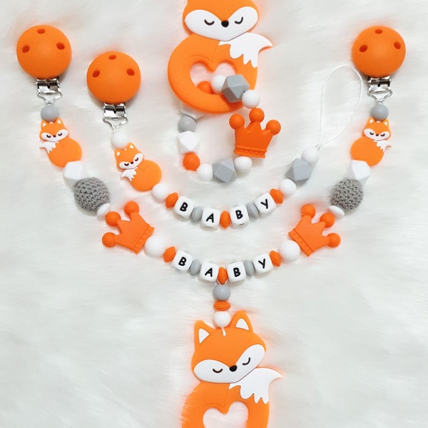 süßer Fuchs | Fuchs silikon Schnullerkette Set mit Namen für Mädchen und Jungen - orange fuchs Kron | hoch qualität