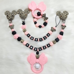 süße leopard mini Maus silikon Schnullerkette Set mit Namen für Mädchen und Jungen - Maus Rosa mickey Schleife leopard | hoch qualität